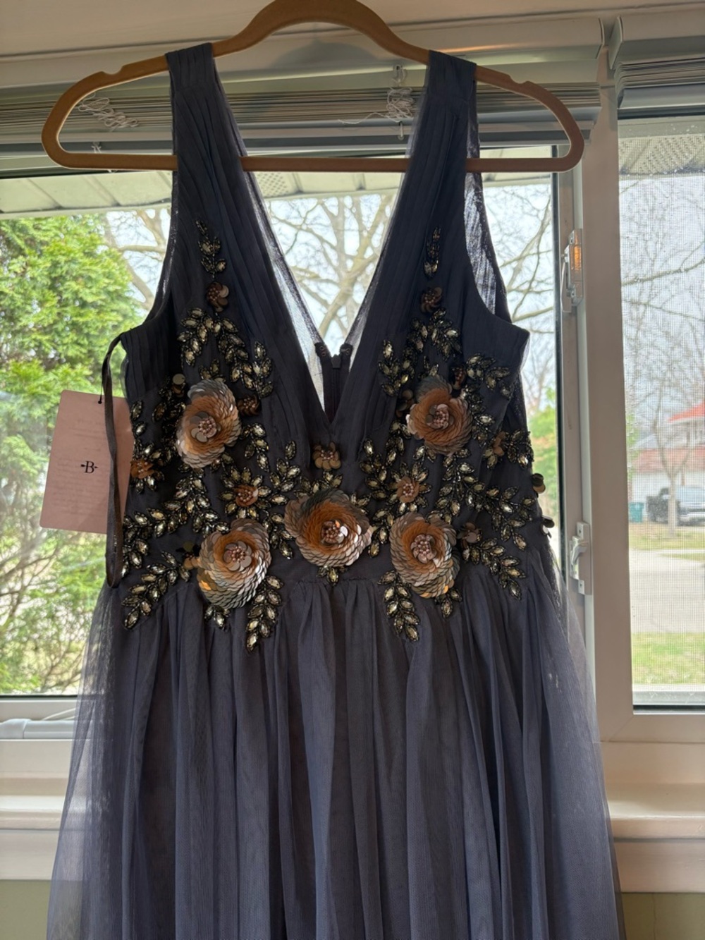 BHLDN Slate Blue Tulle Gown with Metallic Floral Embroidery NWT - Picture 2 of 9